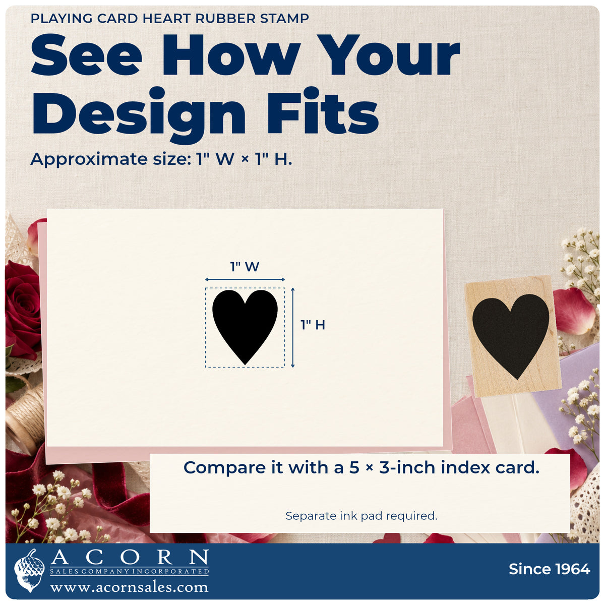 Playing Card Heart Rubber Stamp impression-size guide showing the design on a paper reference with dimension labels.