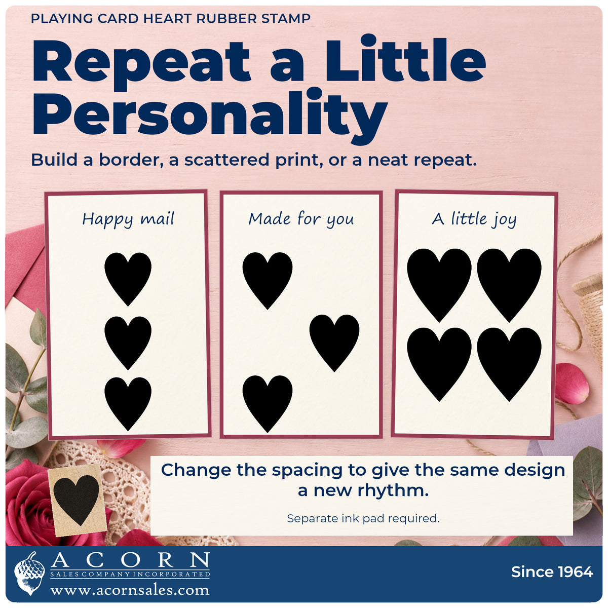 Playing Card Heart Rubber Stamp pattern guide showing repeated impressions in borders, scattered prints and a grid.
