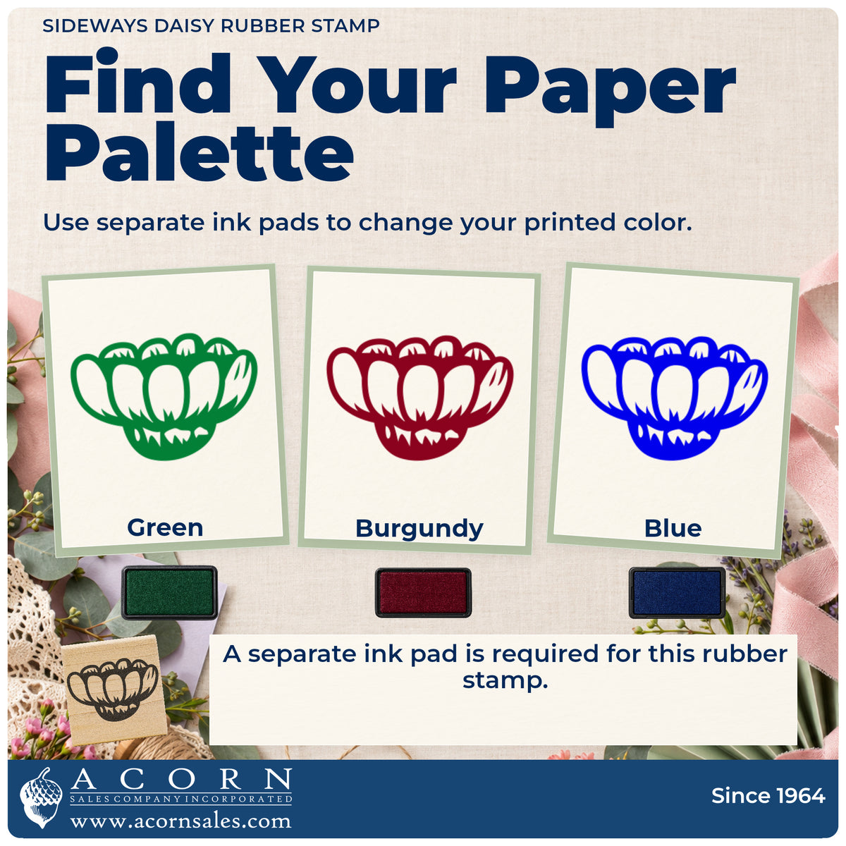 Sideways Daisy Rubber Stamp ink-color infographic comparing three single-color impressions and a separate ink pad.