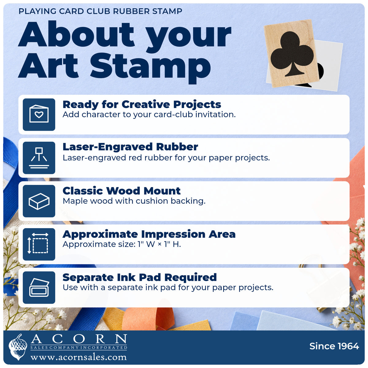 Playing Card Club Rubber Stamp feature guide covering the wood mount, rubber construction, approximate size and separate ink pad.