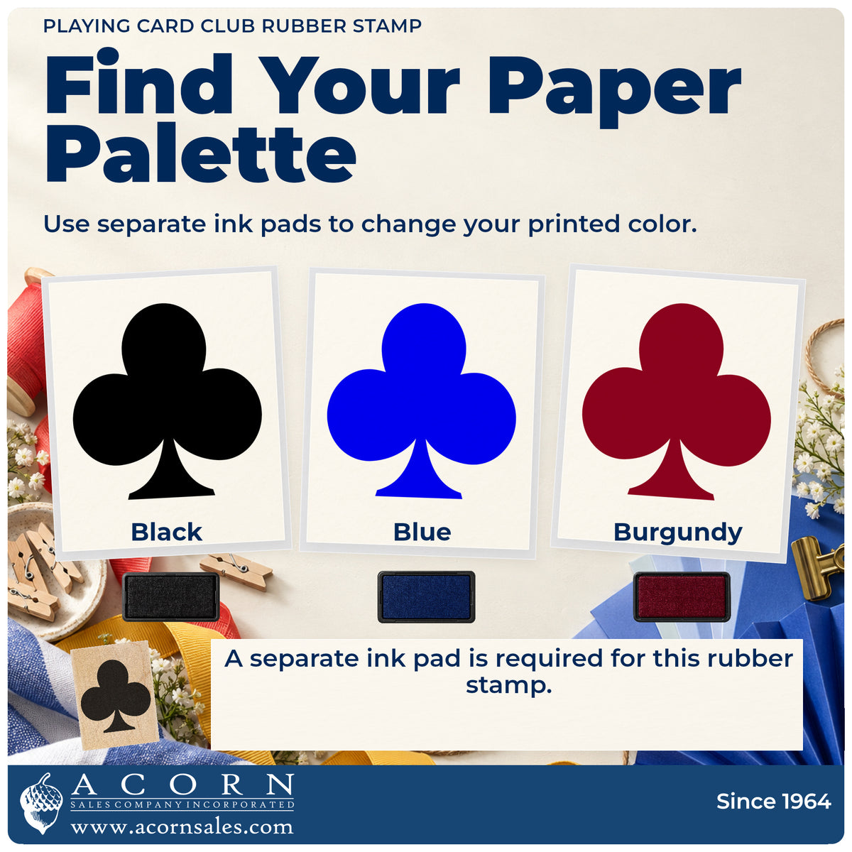 Playing Card Club Rubber Stamp ink-color infographic comparing three single-color impressions and a separate ink pad.