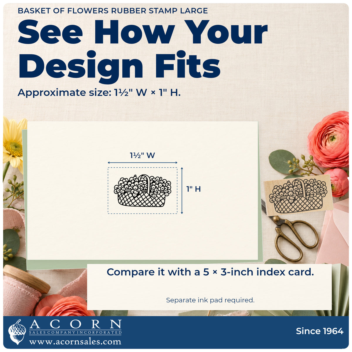 Basket of Flowers Rubber Stamp Large impression-size guide showing the design on a paper reference with dimension labels.