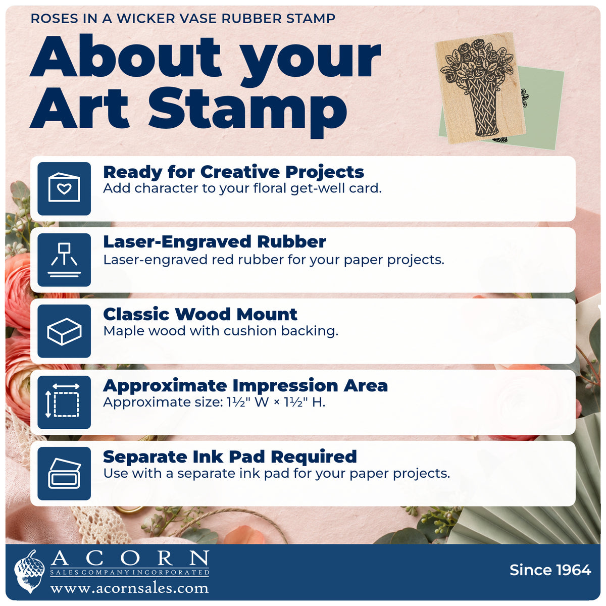 Roses in a Wicker Vase Rubber Stamp feature guide covering the wood mount, rubber construction, approximate size and separate ink pad.