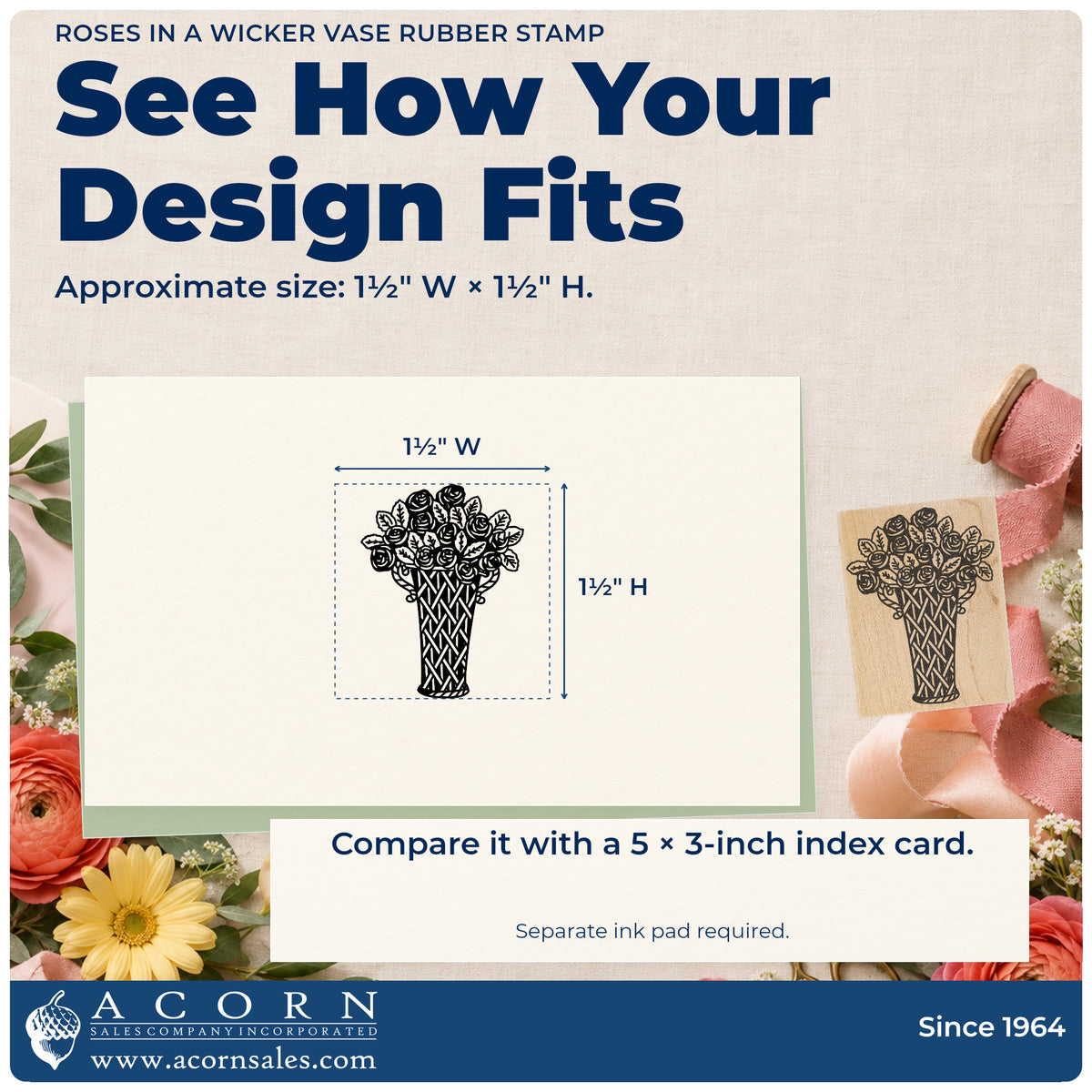 Roses in a Wicker Vase Rubber Stamp impression-size guide showing the design on a paper reference with dimension labels.