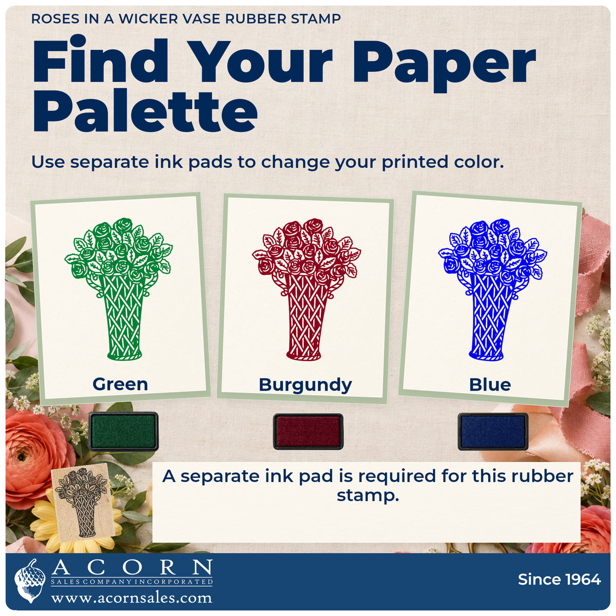 Roses in a Wicker Vase Rubber Stamp ink-color infographic comparing three single-color impressions and a separate ink pad.