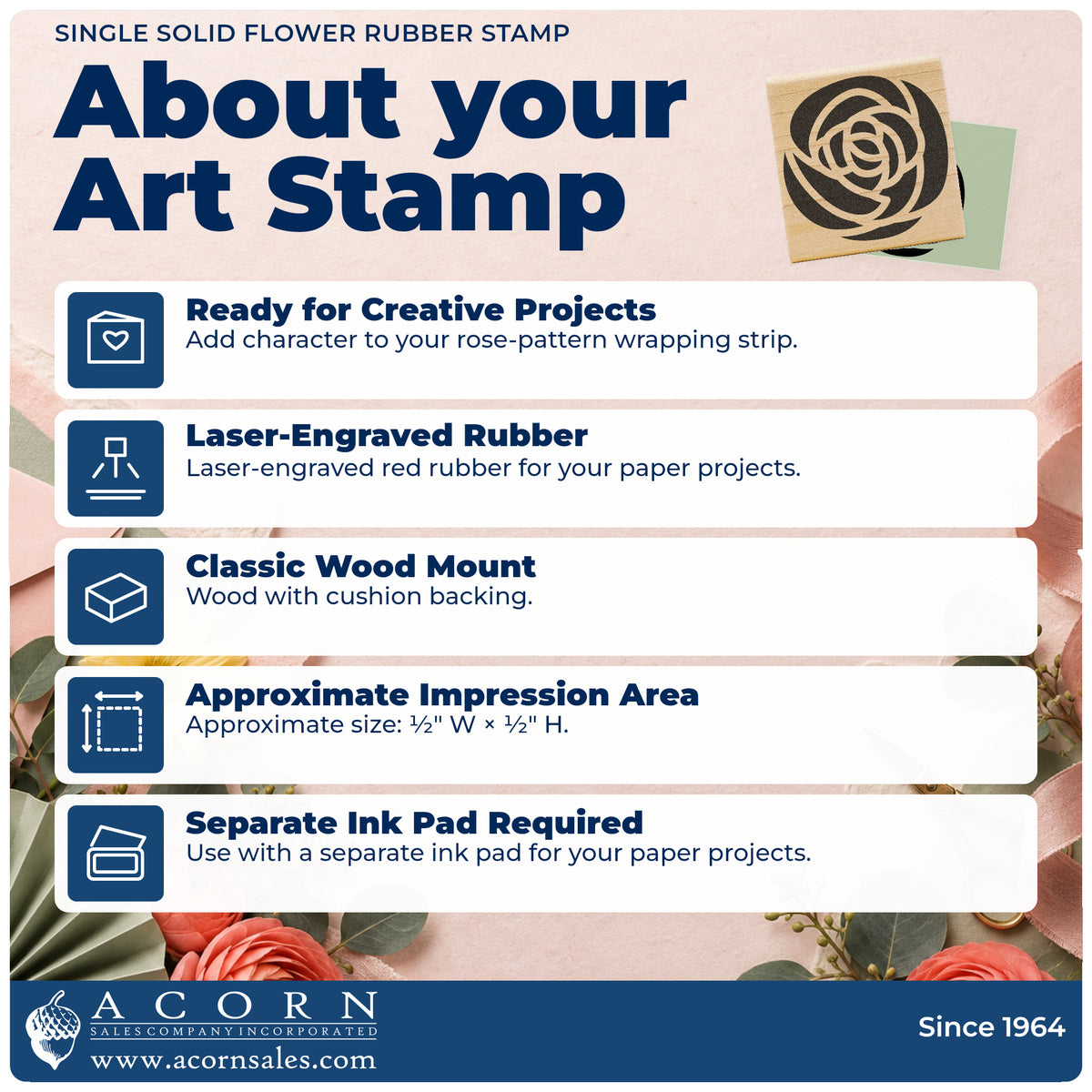 Single Solid Flower Rubber Stamp feature guide covering the wood mount, rubber construction, approximate size and separate ink pad.