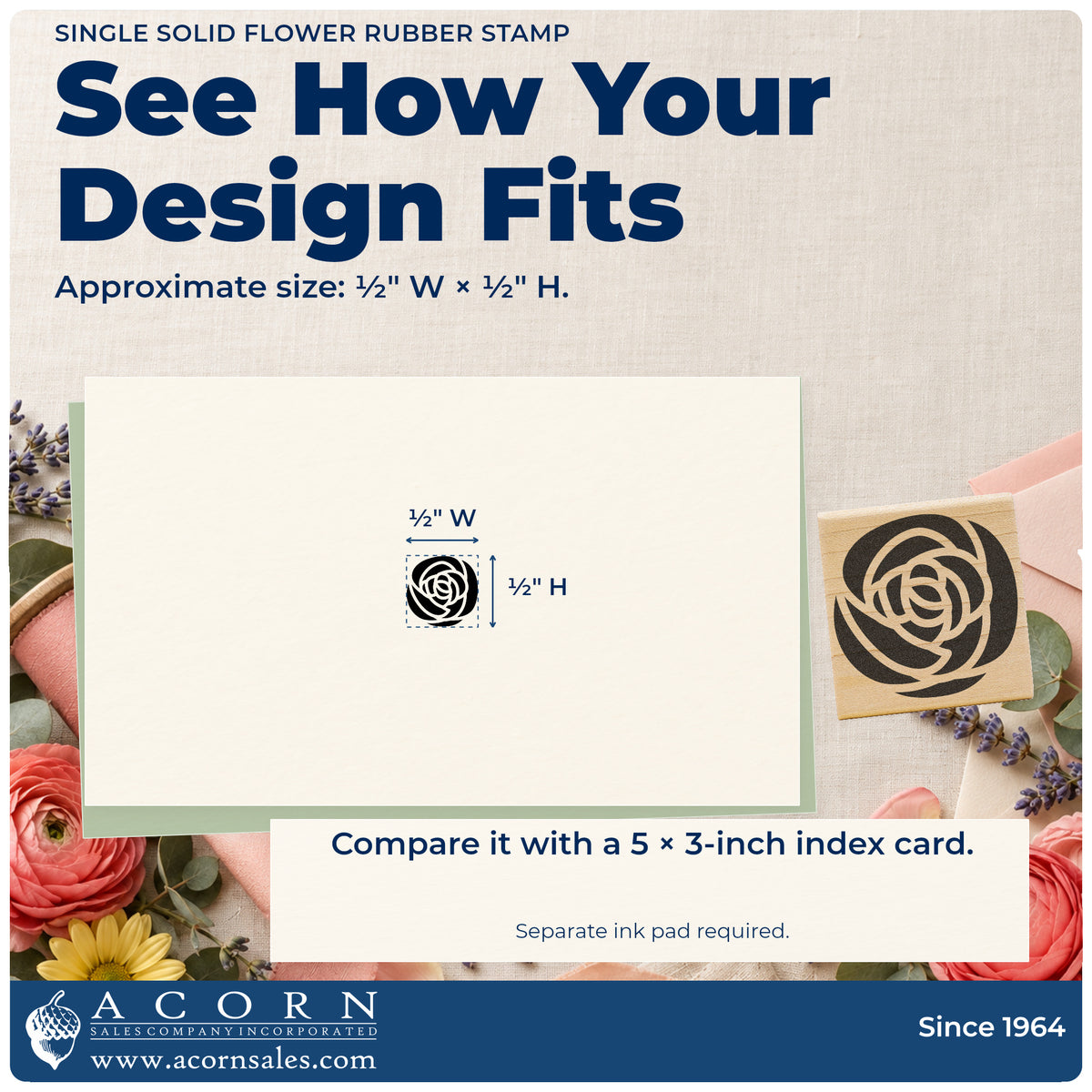Single Solid Flower Rubber Stamp impression-size guide showing the design on a paper reference with dimension labels.