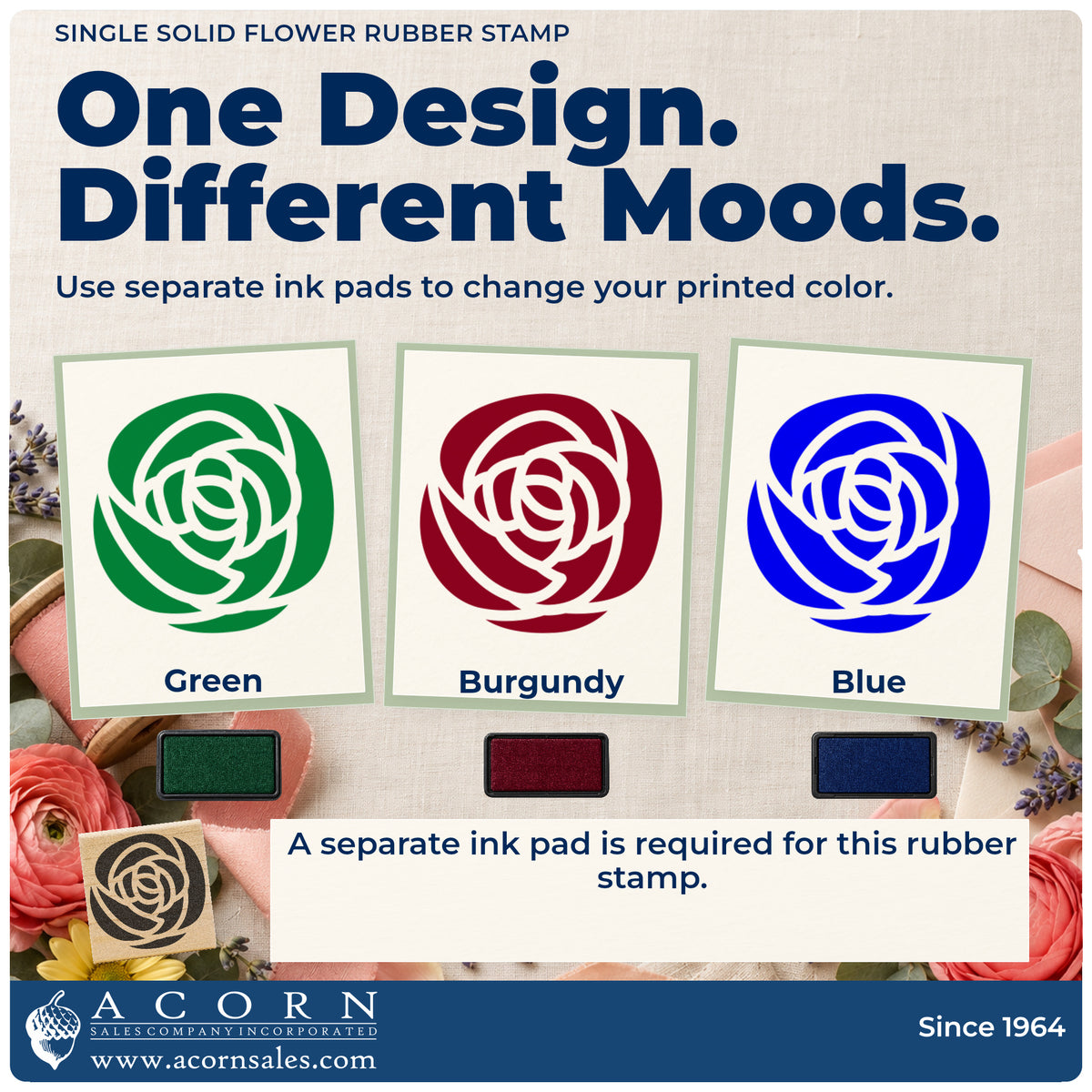 Single Solid Flower Rubber Stamp ink-color infographic comparing three single-color impressions and a separate ink pad.