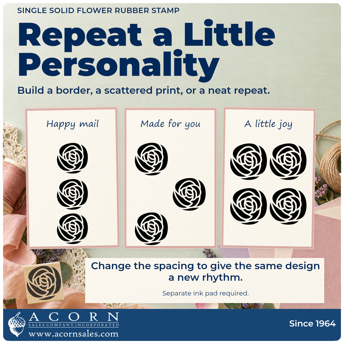 Single Solid Flower Rubber Stamp pattern guide showing repeated impressions in borders, scattered prints and a grid.