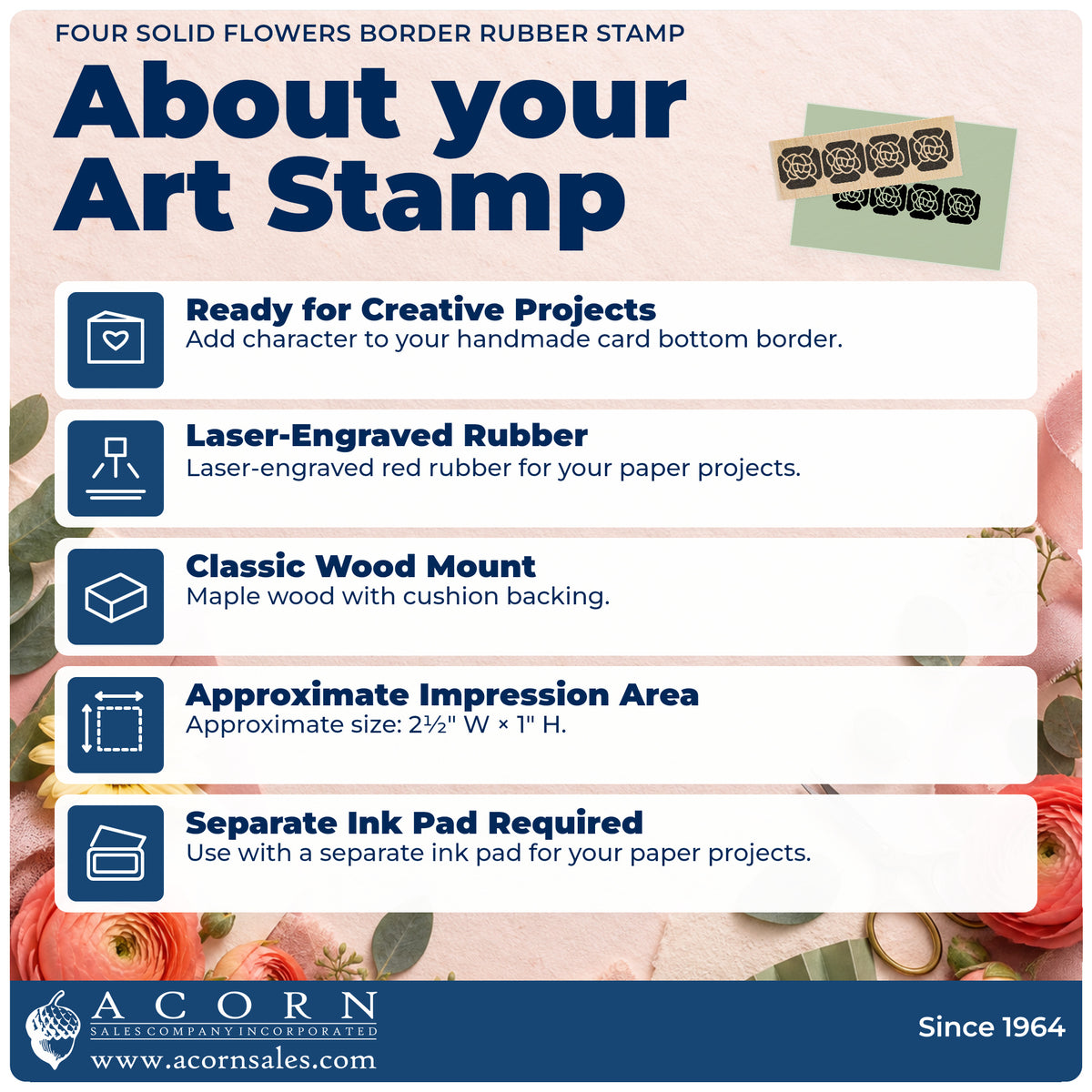 Four Solid Flowers Border Rubber Stamp feature guide covering the wood mount, rubber construction, approximate size and separate ink pad.
