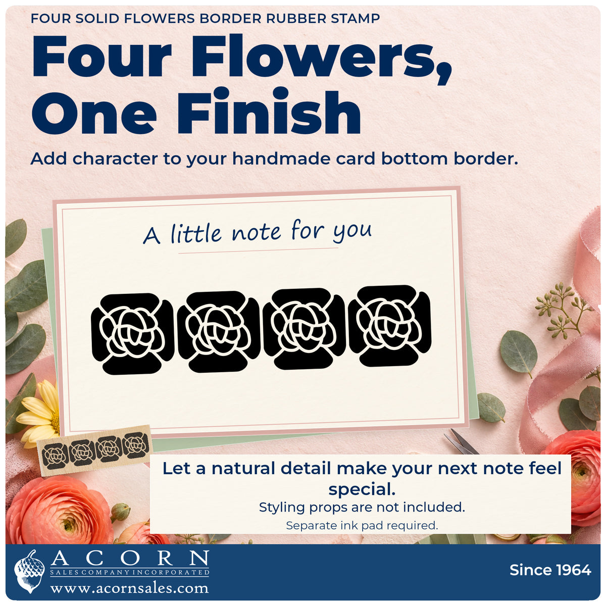 Four Solid Flowers Border Rubber Stamp project inspiration: handmade card bottom border.