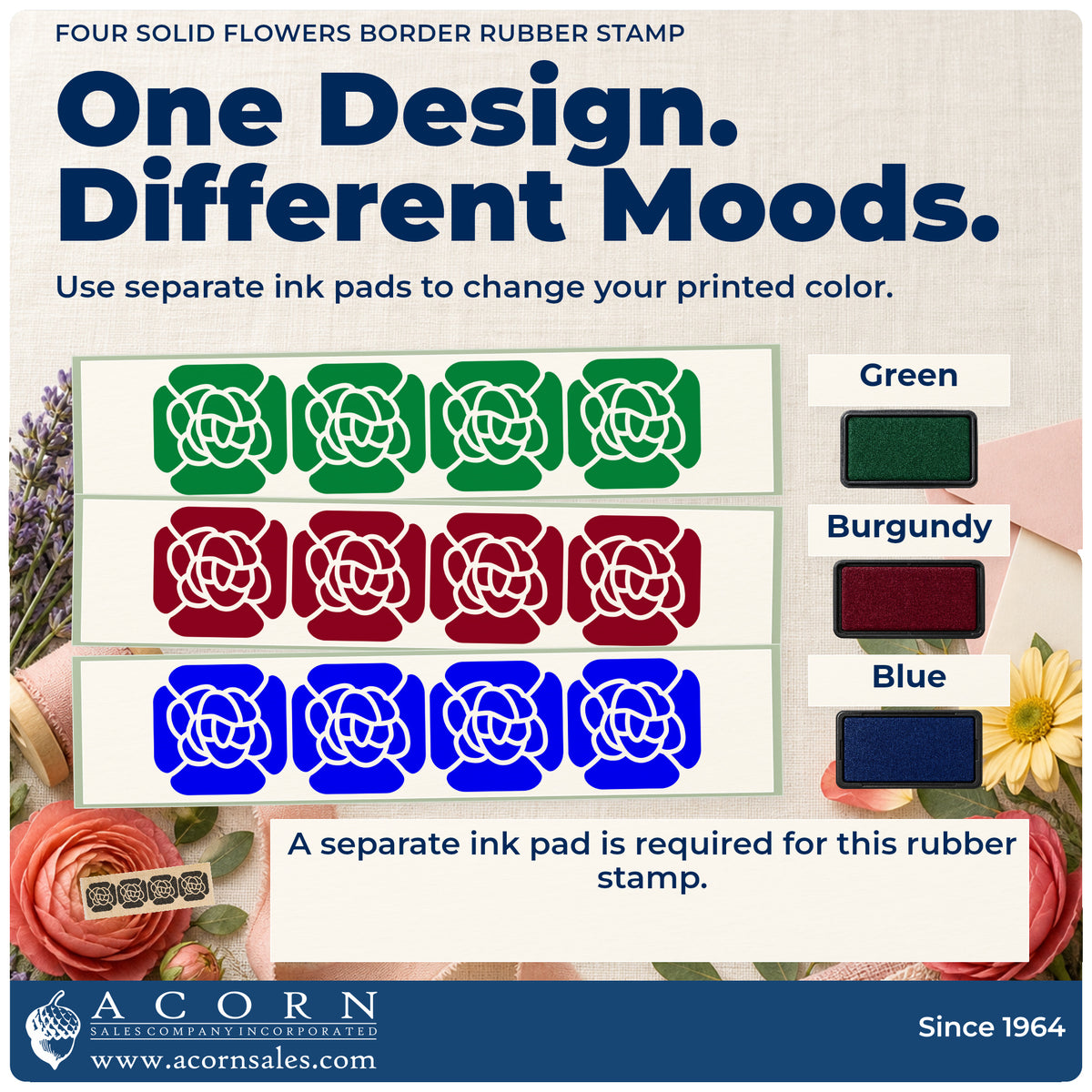 Four Solid Flowers Border Rubber Stamp ink-color infographic comparing three single-color impressions and a separate ink pad.