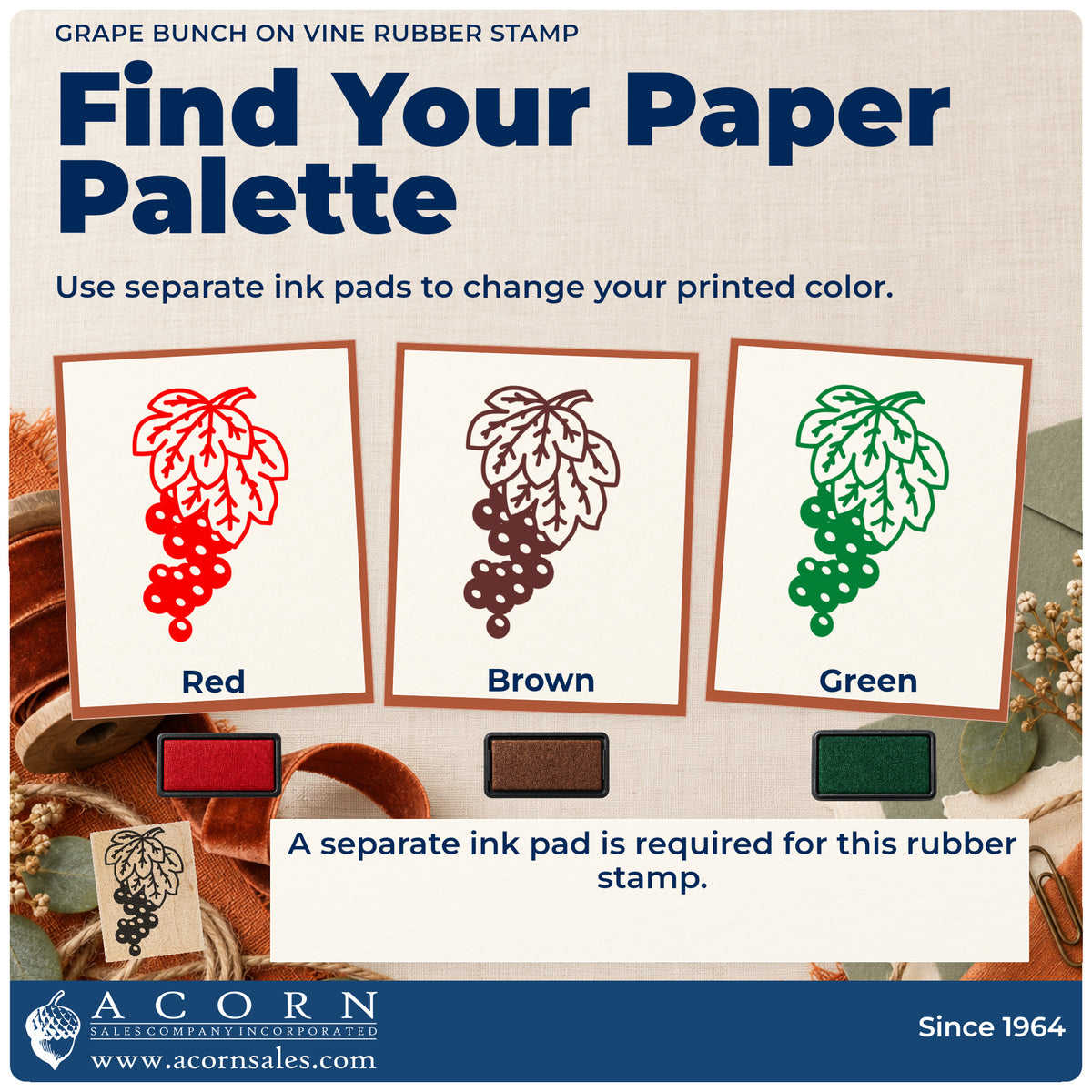 Grape Bunch on Vine Rubber Stamp ink-color infographic comparing three single-color impressions and a separate ink pad.