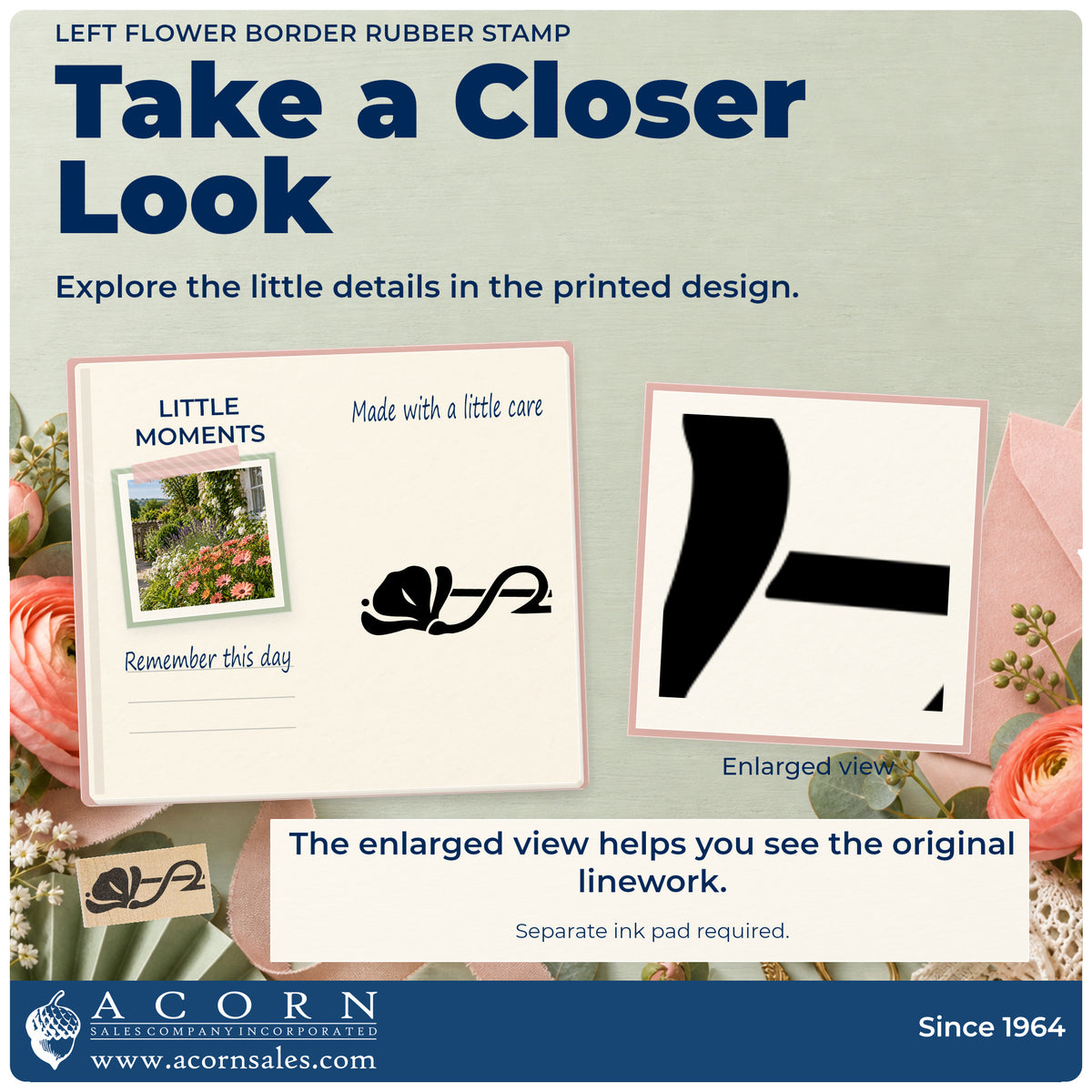 Left Flower Border Rubber Stamp detail infographic with an enlarged view of the printed design.