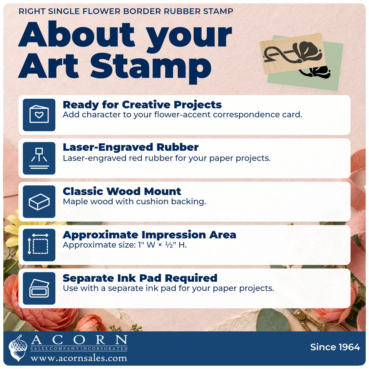 Right Single Flower Border Rubber Stamp feature guide covering the wood mount, rubber construction, approximate size and separate ink pad.
