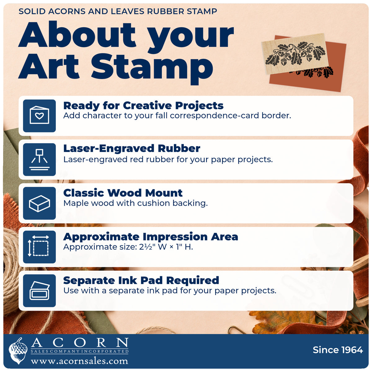 Solid Acorns and Leaves Rubber Stamp feature guide covering the wood mount, rubber construction, approximate size and separate ink pad.
