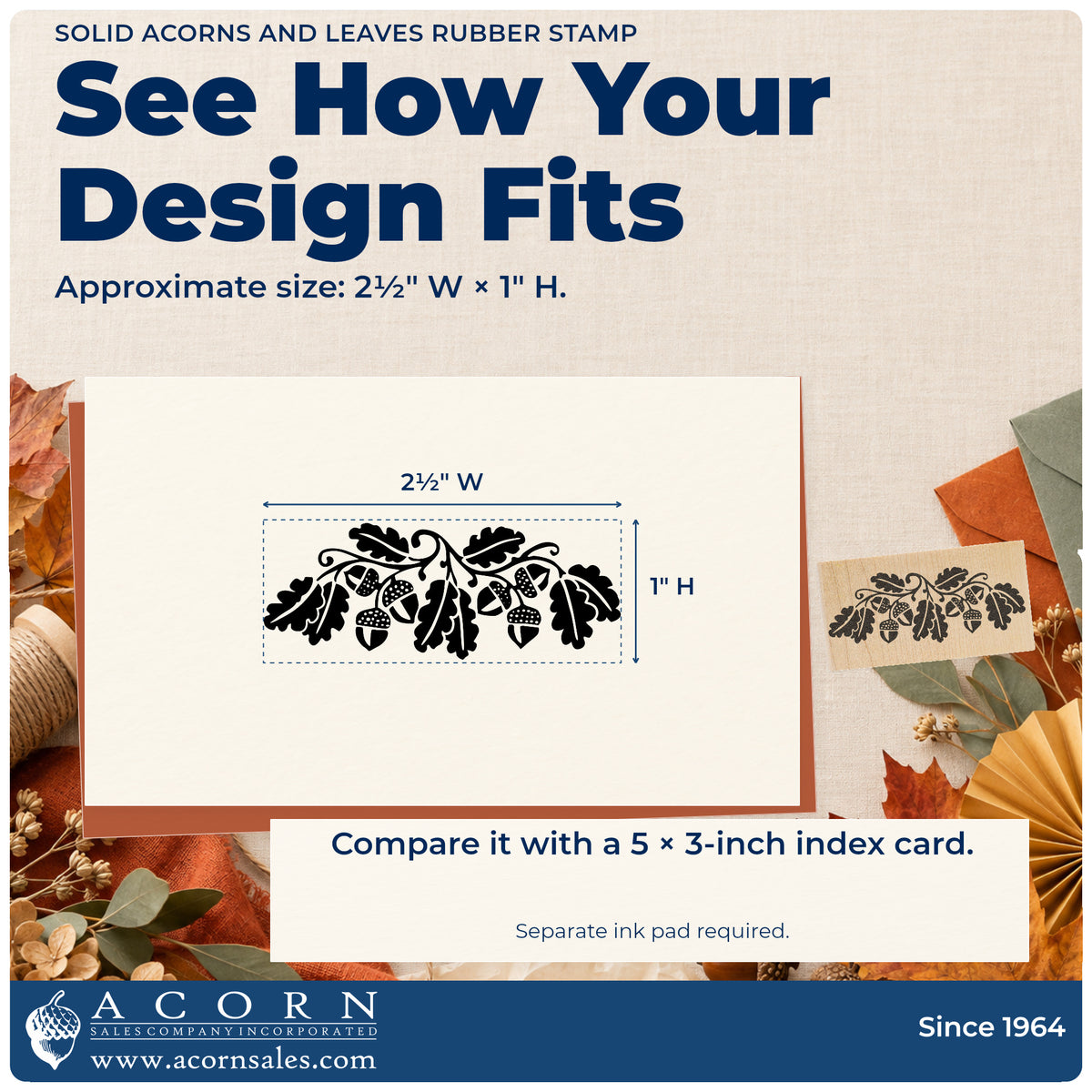 Solid Acorns and Leaves Rubber Stamp impression-size guide showing the design on a paper reference with dimension labels.