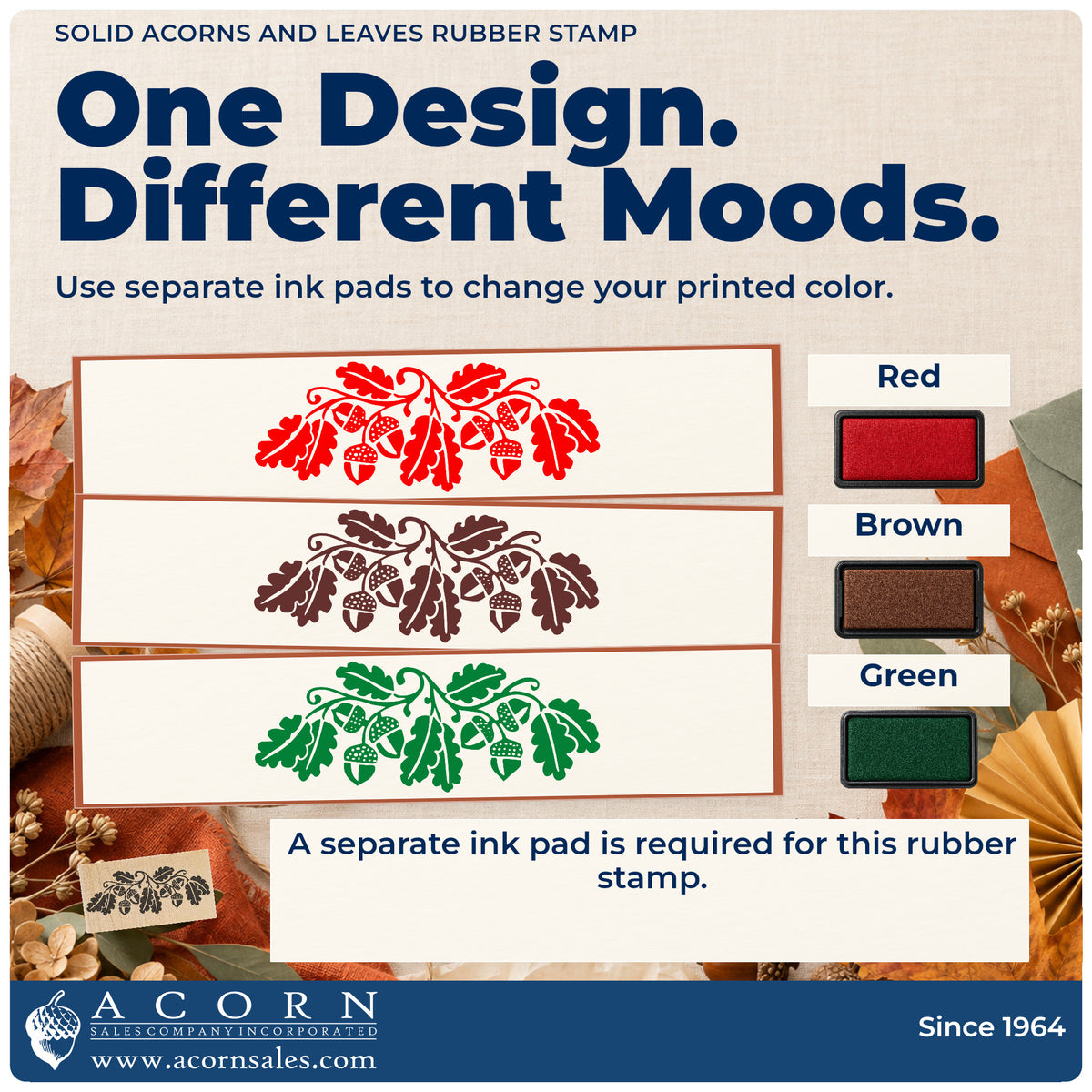 Solid Acorns and Leaves Rubber Stamp ink-color infographic comparing three single-color impressions and a separate ink pad.