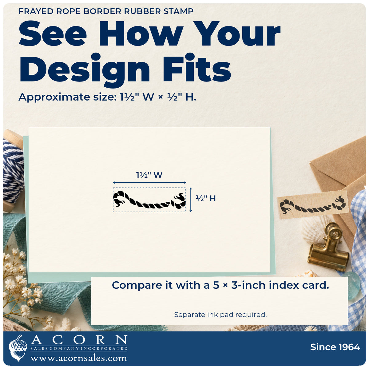 Frayed Rope Border Rubber Stamp impression-size guide showing the design on a paper reference with dimension labels.