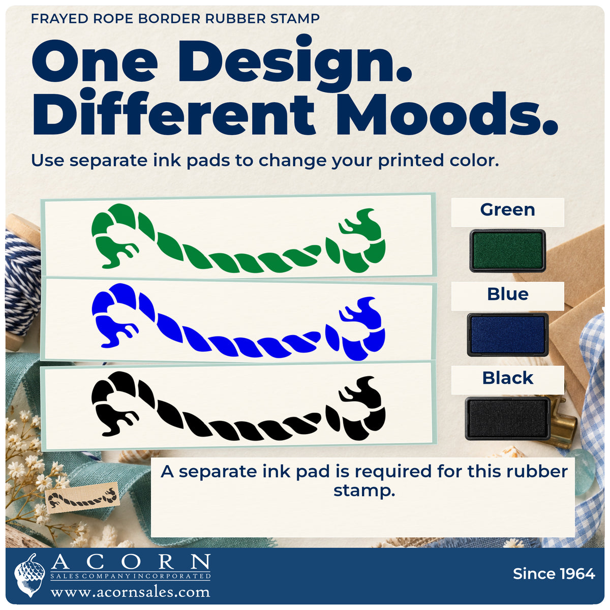 Frayed Rope Border Rubber Stamp ink-color infographic comparing three single-color impressions and a separate ink pad.