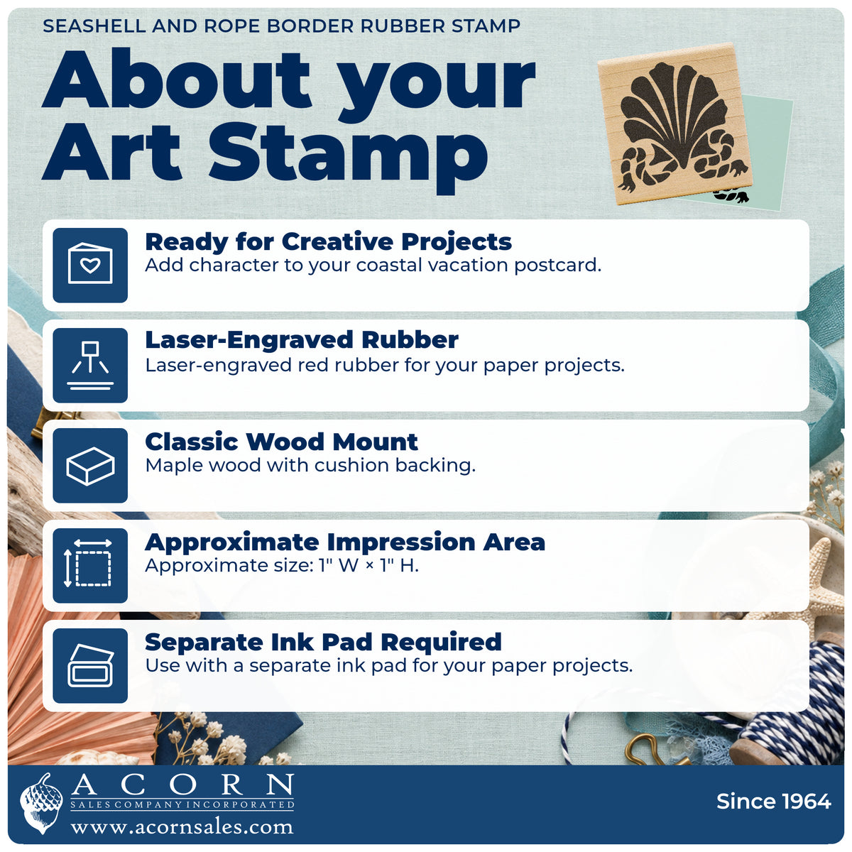 Seashell and Rope Border Rubber Stamp feature guide covering the wood mount, rubber construction, approximate size and separate ink pad.