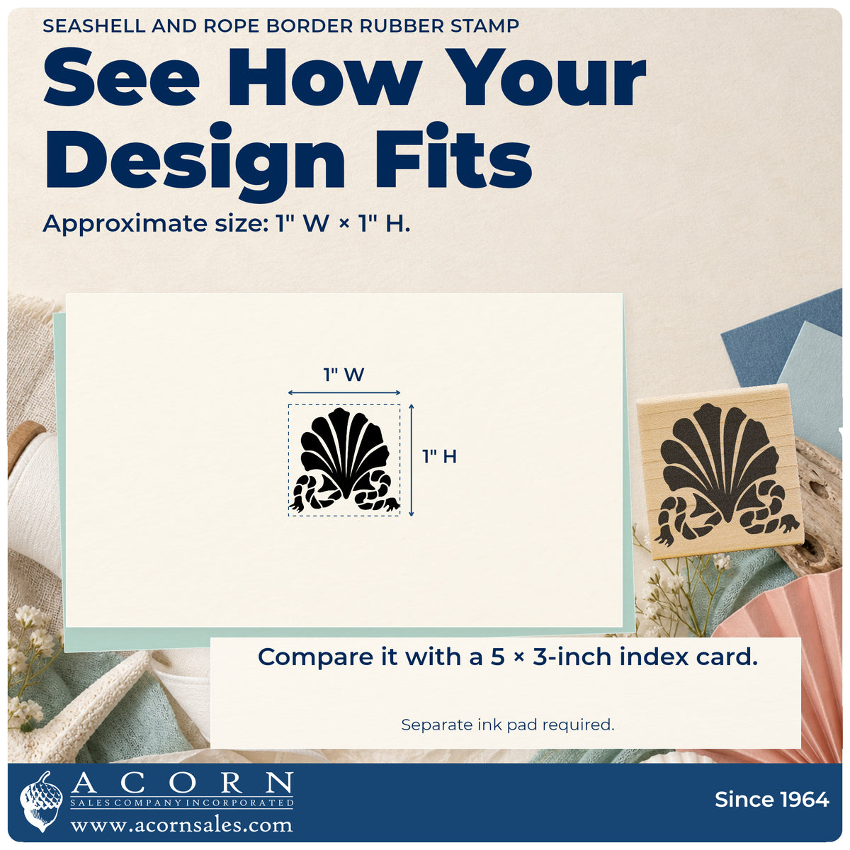 Seashell and Rope Border Rubber Stamp impression-size guide showing the design on a paper reference with dimension labels.