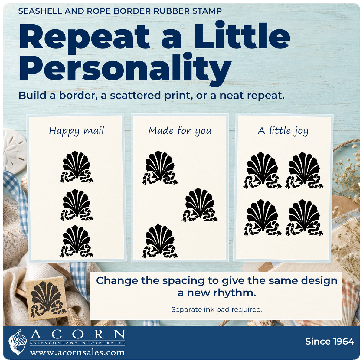 Seashell and Rope Border Rubber Stamp pattern guide showing repeated impressions in borders, scattered prints and a grid.
