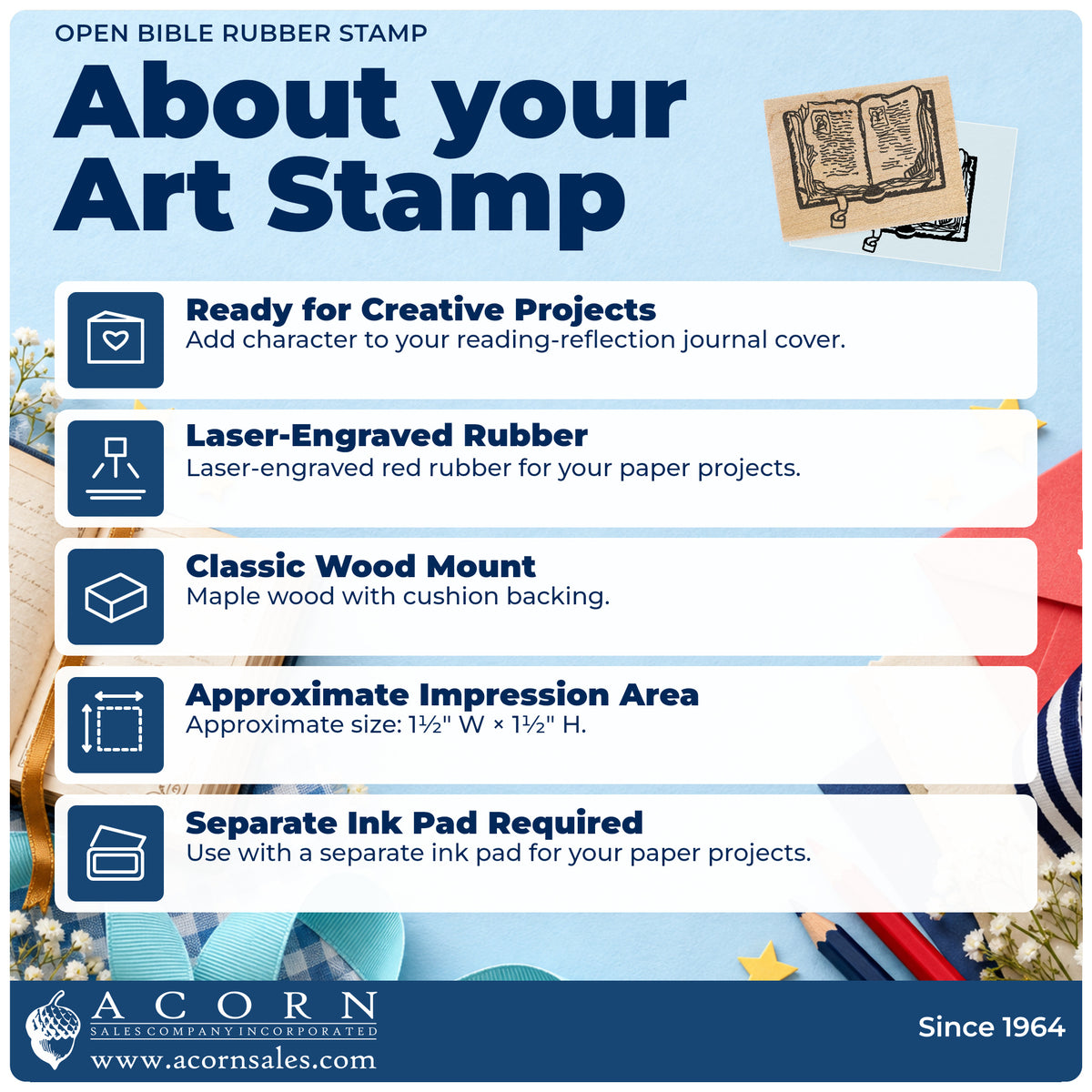Open Bible Rubber Stamp feature guide covering the wood mount, rubber construction, approximate size and separate ink pad.