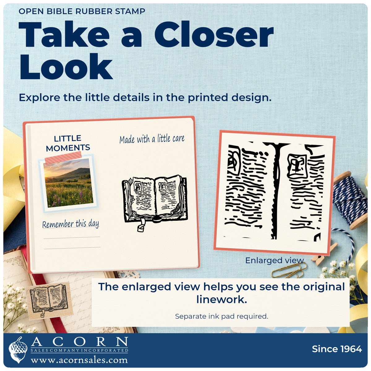 Open Bible Rubber Stamp detail infographic with an enlarged view of the printed design.