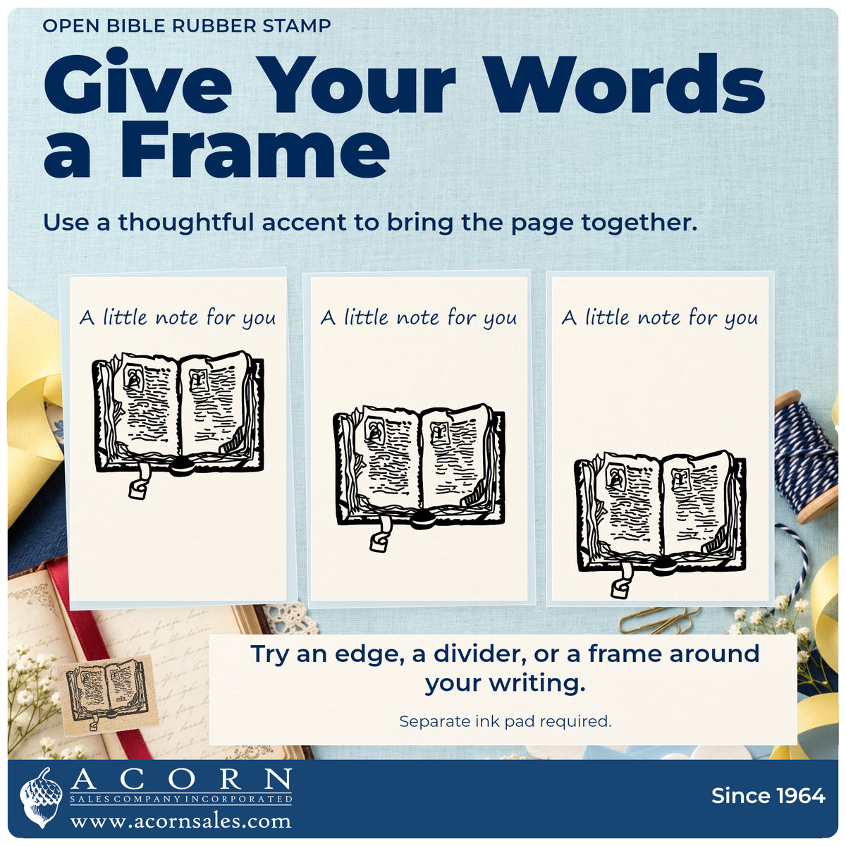Open Bible Rubber Stamp placement guide showing ways to position the stamped design on paper.