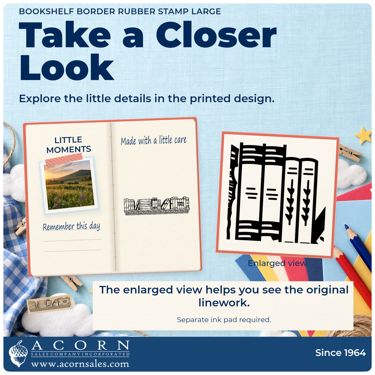 Bookshelf Border Rubber Stamp Large detail infographic with an enlarged view of the printed design.