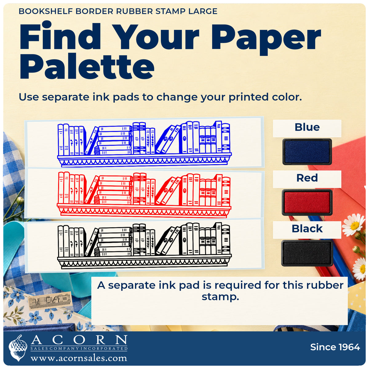 Bookshelf Border Rubber Stamp Large ink-color infographic comparing three single-color impressions and a separate ink pad.