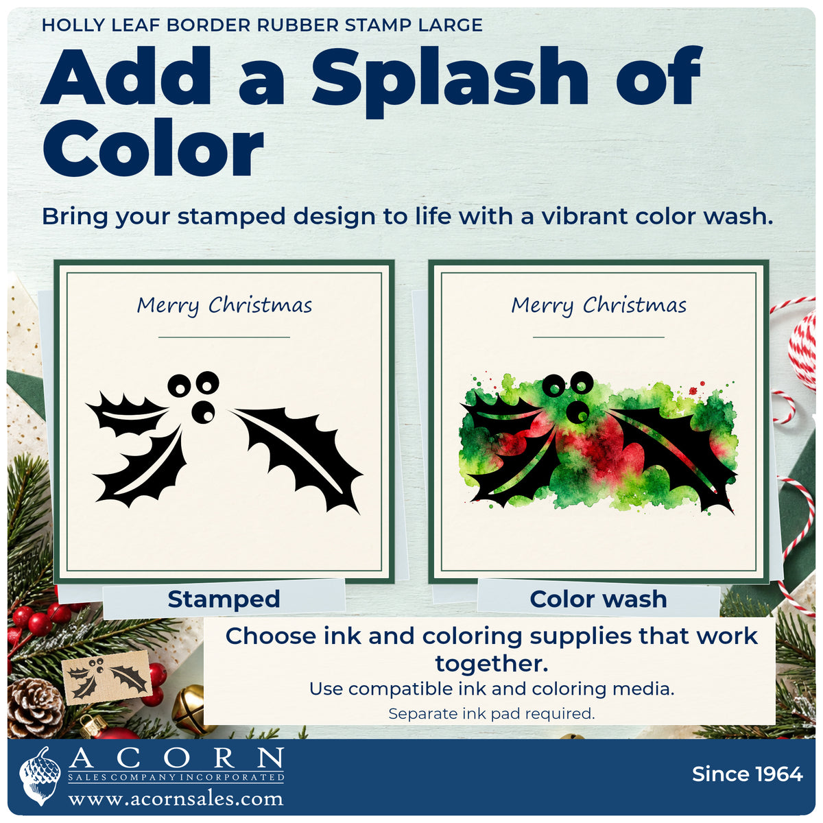 Holly Leaf Border Rubber Stamp Large stamp-and-color guide comparing an outline impression with a colored example.