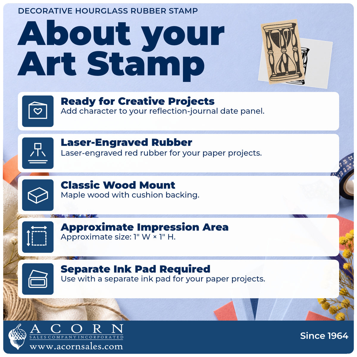 Decorative Hourglass Rubber Stamp feature guide covering the wood mount, rubber construction, approximate size and separate ink pad.