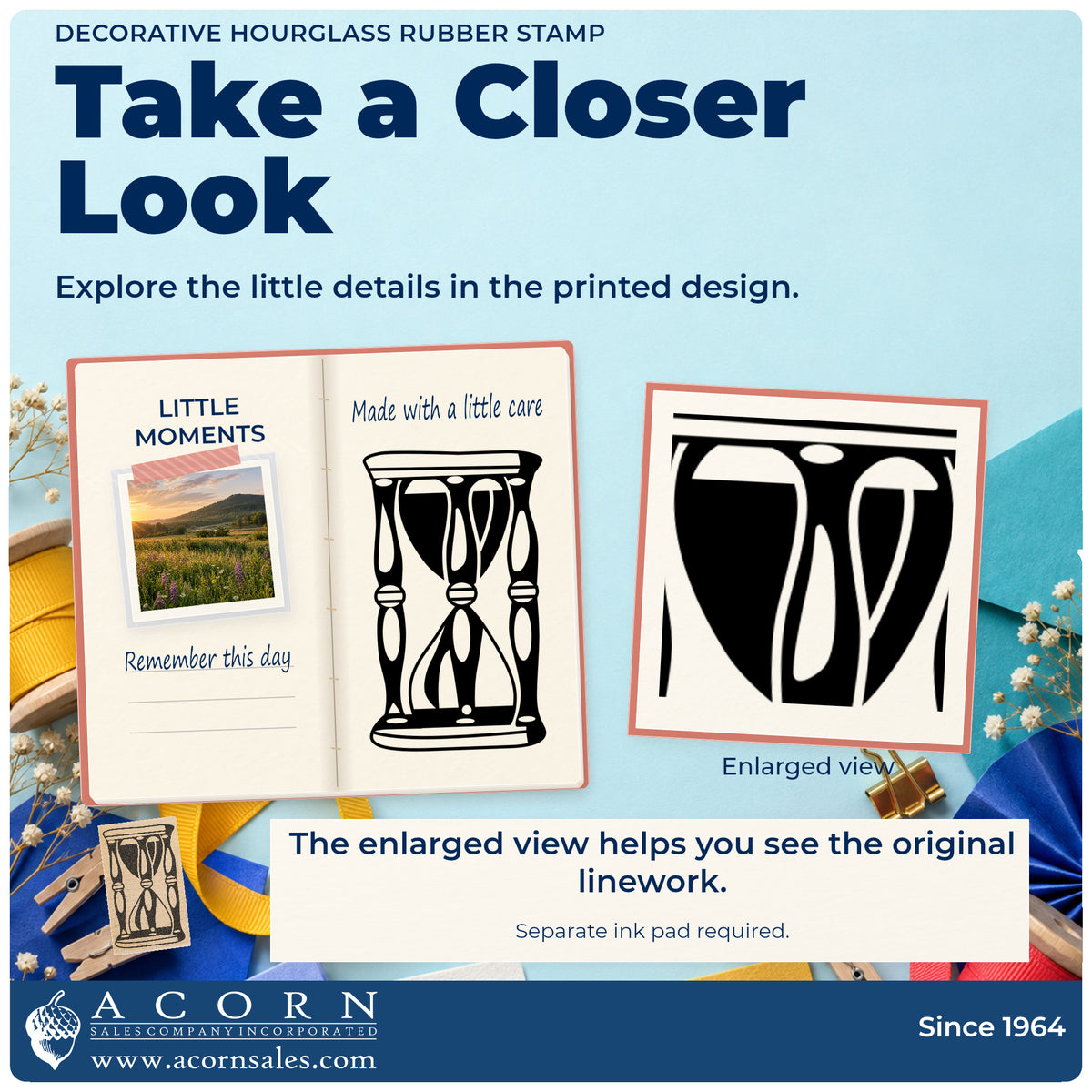 Decorative Hourglass Rubber Stamp detail infographic with an enlarged view of the printed design.