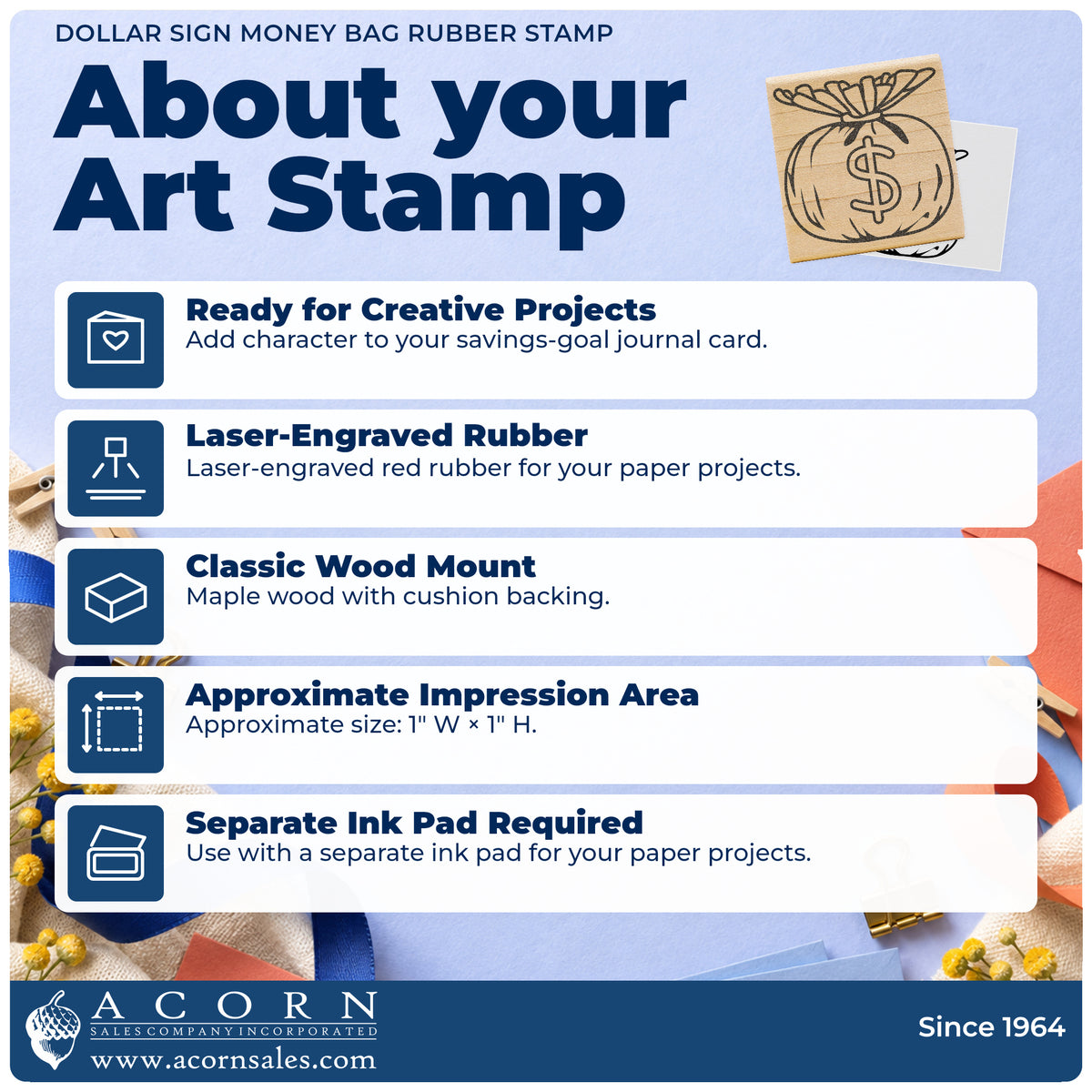 Dollar Sign Money Bag Rubber Stamp feature guide covering the wood mount, rubber construction, approximate size and separate ink pad.