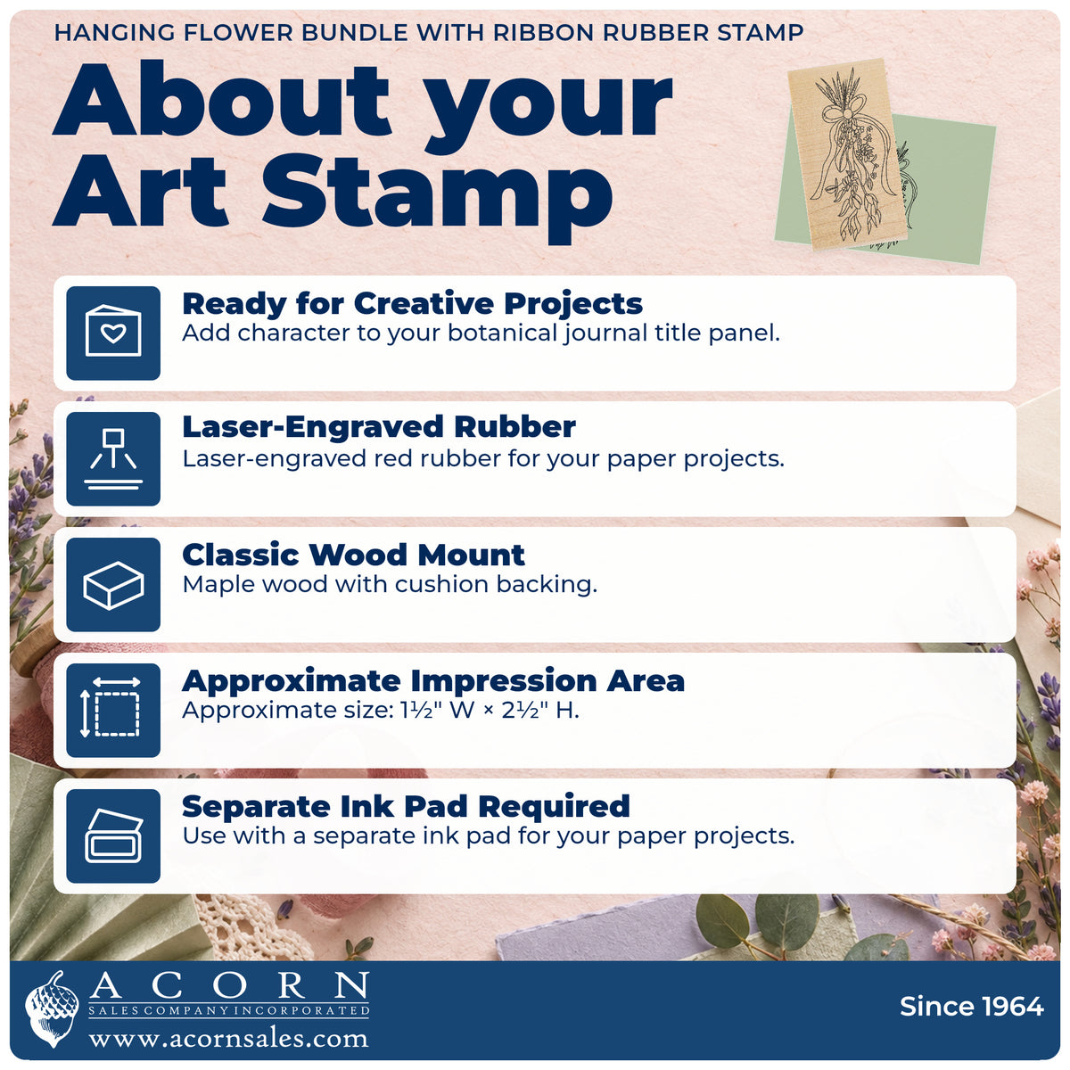 Hanging Flower Bundle with Ribbon Rubber Stamp feature guide covering the wood mount, rubber construction, approximate size and separate ink pad.