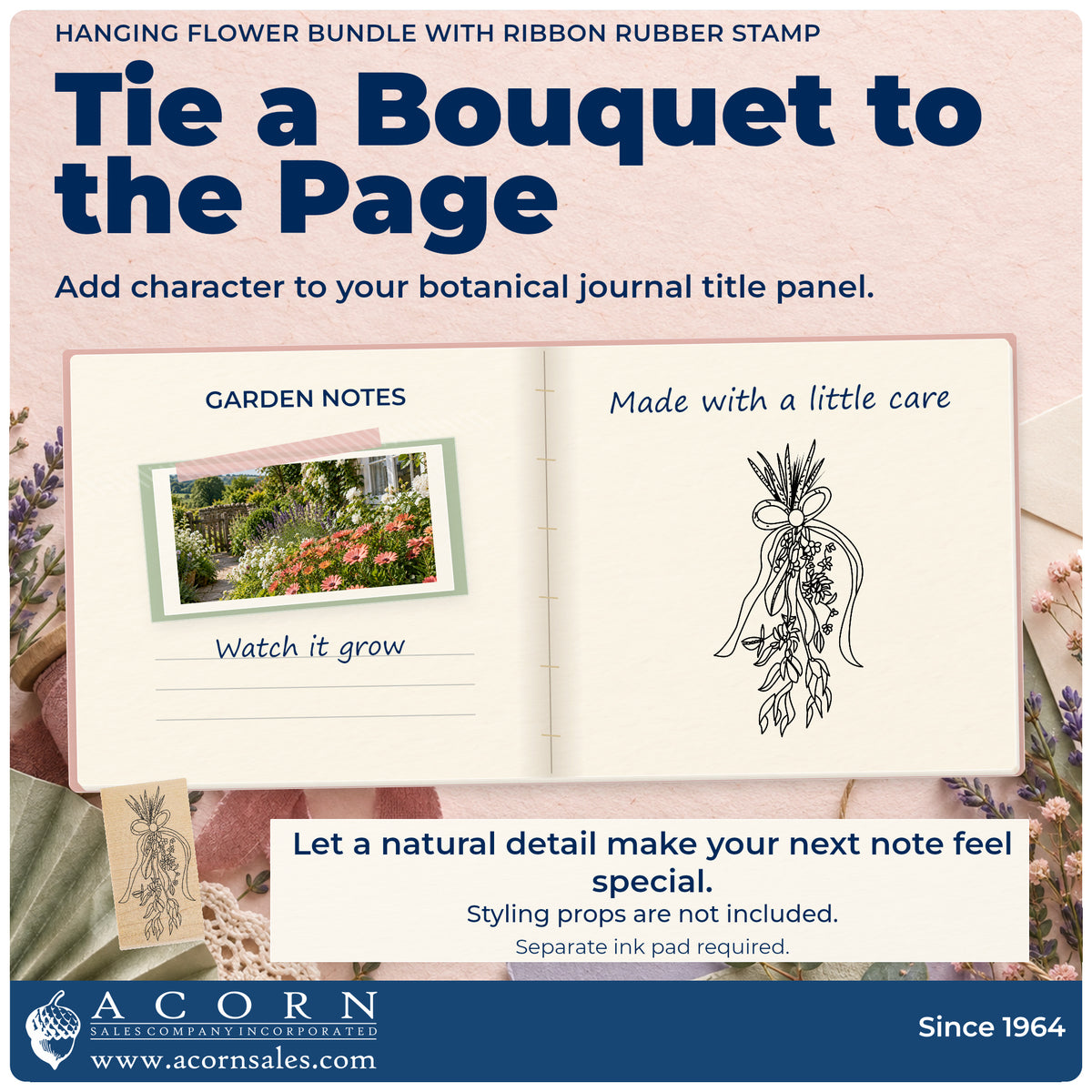 Hanging Flower Bundle with Ribbon Rubber Stamp project inspiration: botanical journal title panel.