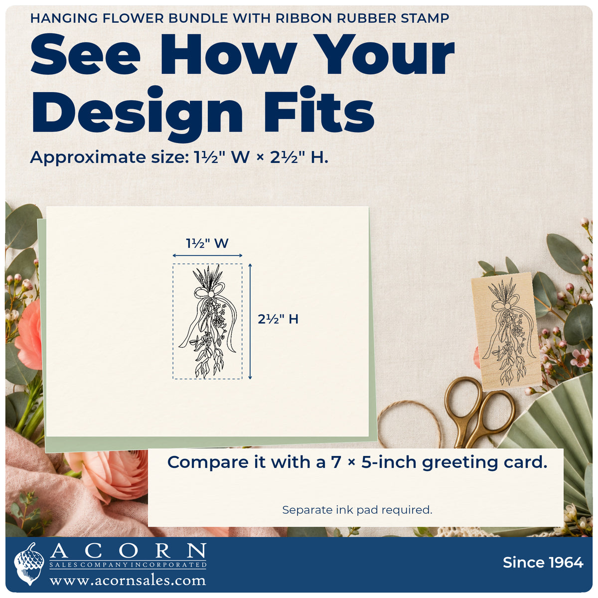 Hanging Flower Bundle with Ribbon Rubber Stamp impression-size guide showing the design on a paper reference with dimension labels.
