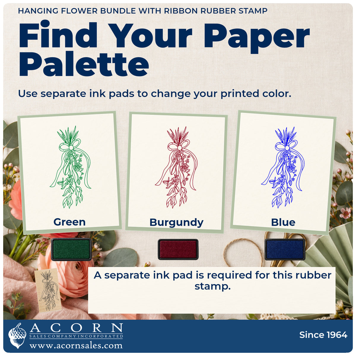 Hanging Flower Bundle with Ribbon Rubber Stamp ink-color infographic comparing three single-color impressions and a separate ink pad.