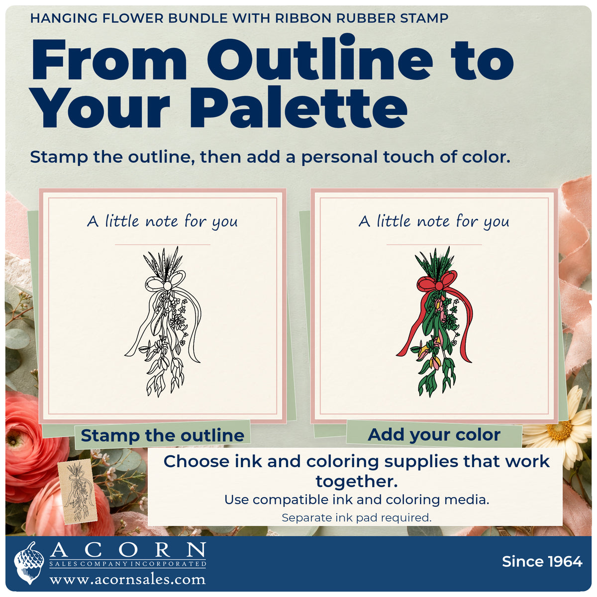 Hanging Flower Bundle with Ribbon Rubber Stamp stamp-and-color guide comparing an outline impression with a colored example.