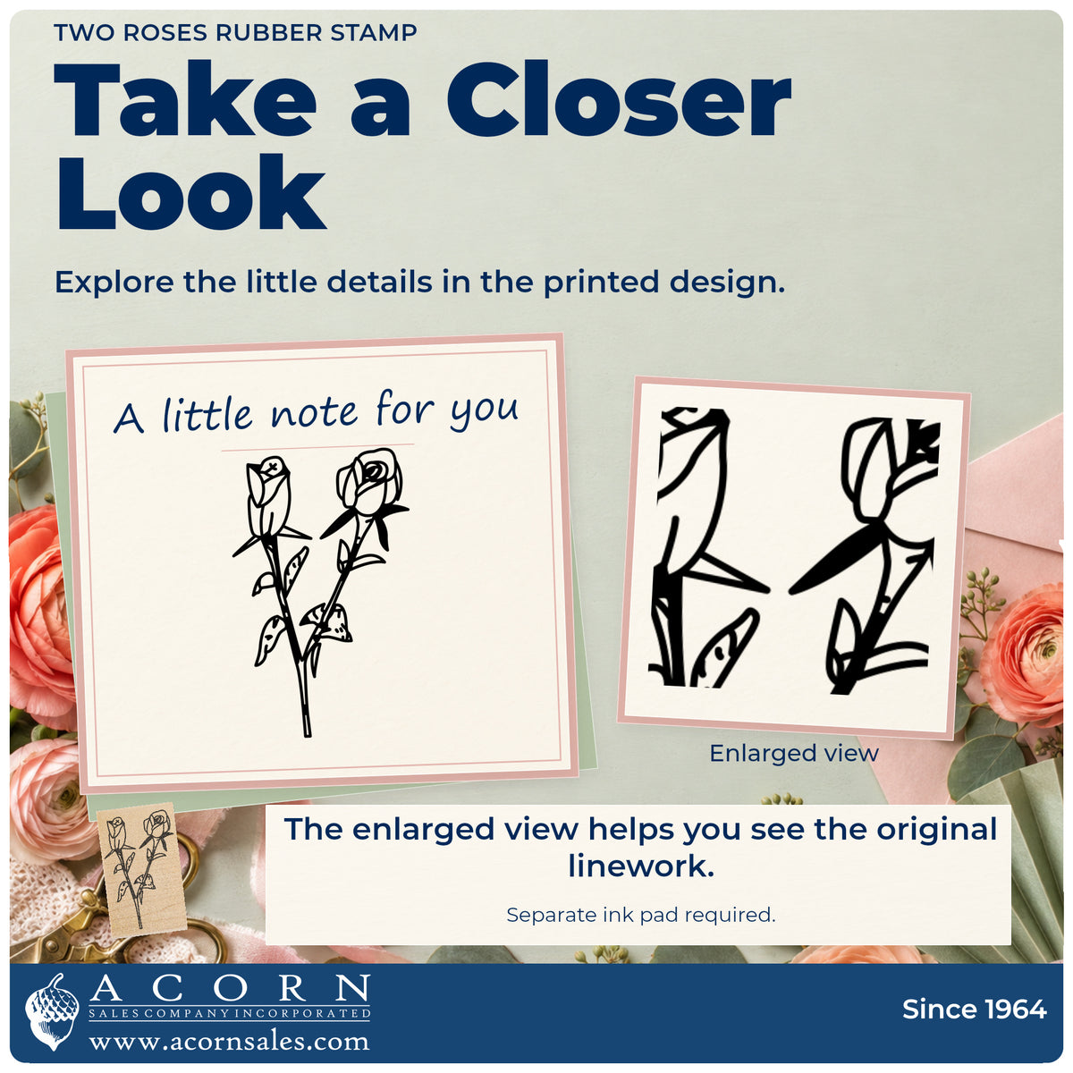 Two Roses Rubber Stamp detail infographic with an enlarged view of the printed design.