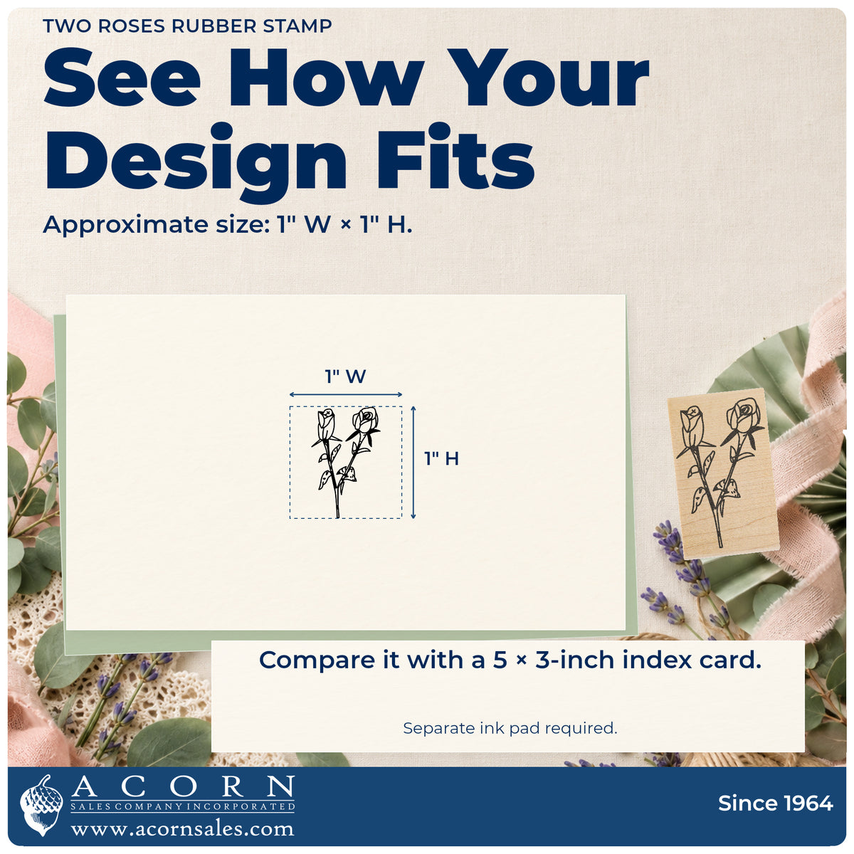 Two Roses Rubber Stamp impression-size guide showing the design on a paper reference with dimension labels.