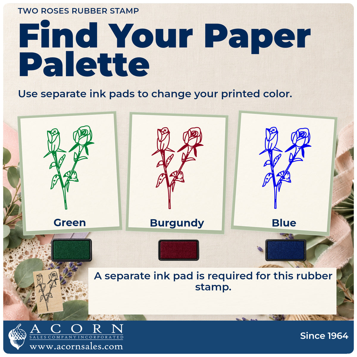 Two Roses Rubber Stamp ink-color infographic comparing three single-color impressions and a separate ink pad.