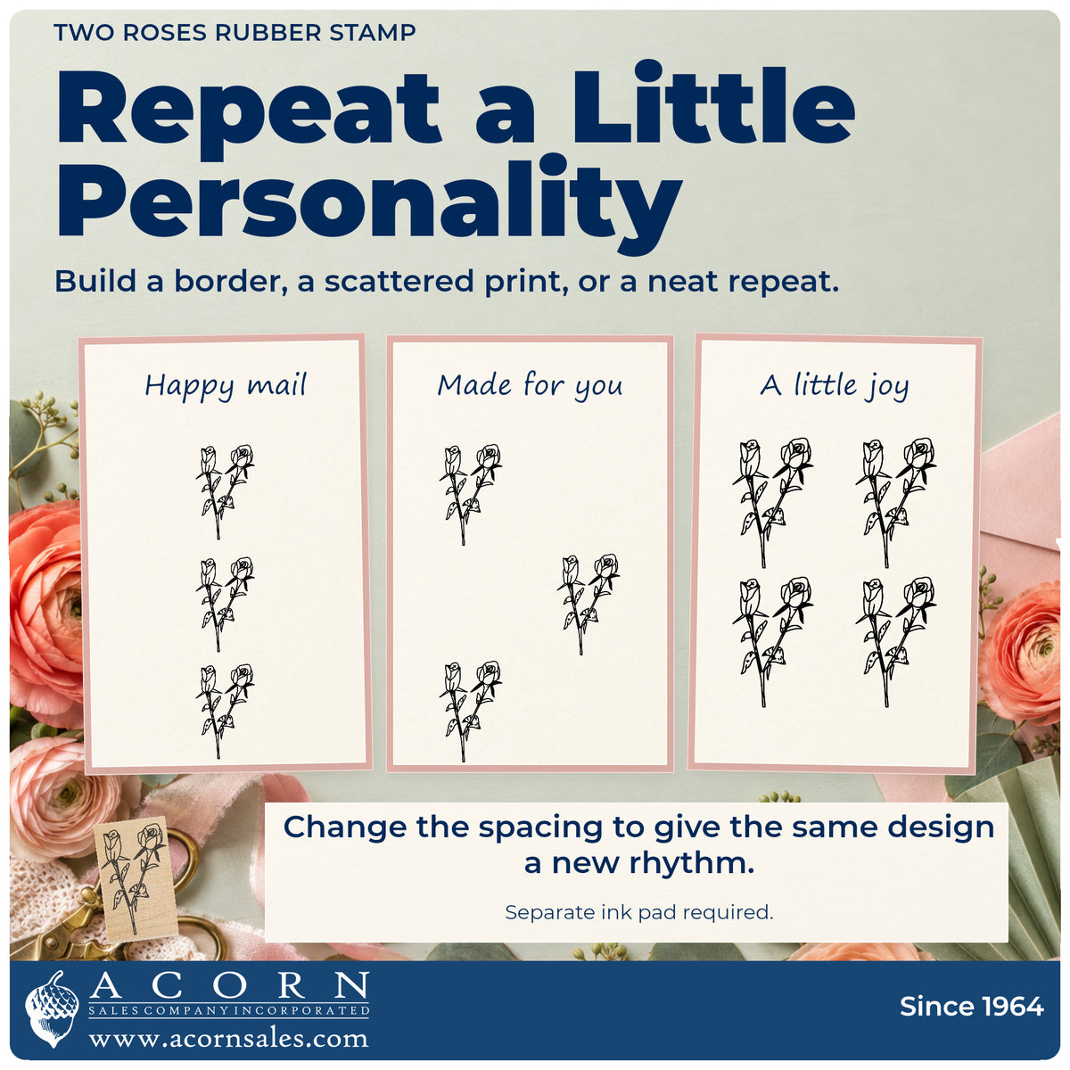 Two Roses Rubber Stamp pattern guide showing repeated impressions in borders, scattered prints and a grid.