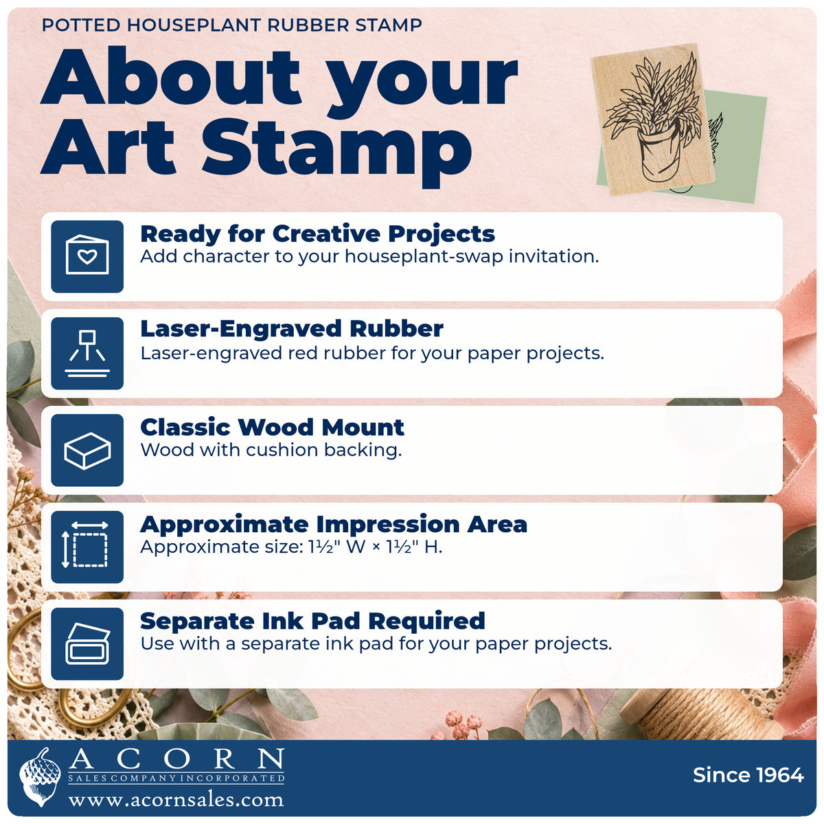 Potted Houseplant Rubber Stamp feature guide covering the wood mount, rubber construction, approximate size and separate ink pad.