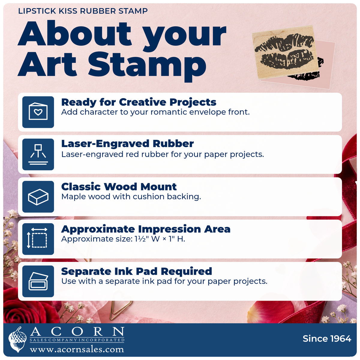 Lipstick Kiss Rubber Stamp feature guide covering the wood mount, rubber construction, approximate size and separate ink pad.