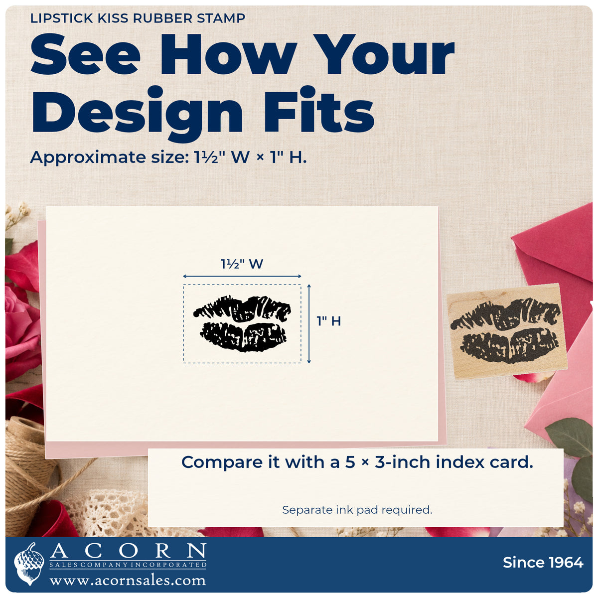 Lipstick Kiss Rubber Stamp impression-size guide showing the design on a paper reference with dimension labels.