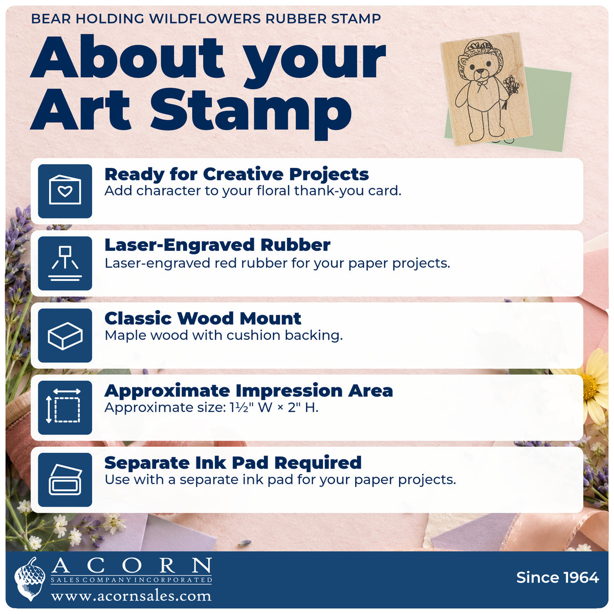 Bear Holding Wildflowers Rubber Stamp feature guide covering the wood mount, rubber construction, approximate size and separate ink pad.
