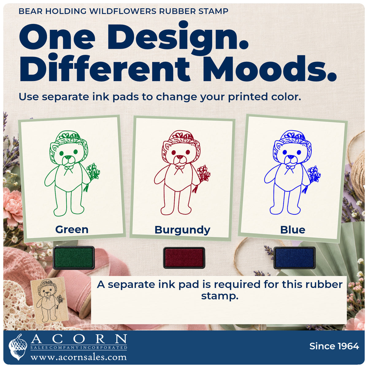 Bear Holding Wildflowers Rubber Stamp ink-color infographic comparing three single-color impressions and a separate ink pad.